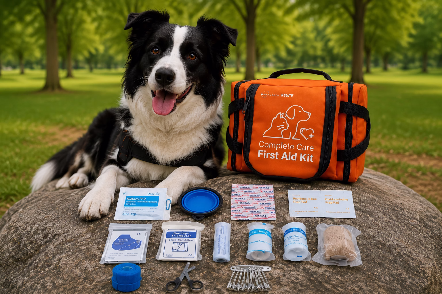 Pet first aid readiness scenario with emergency care kit